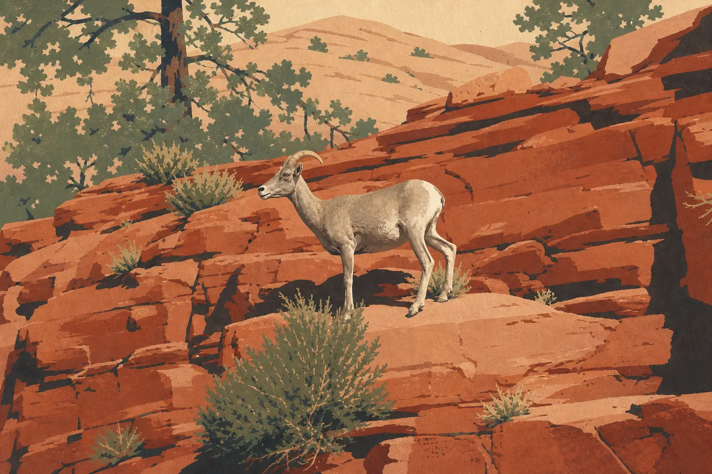 Illustration sérigraphiée : Un bighorn du désert se tient sur les dalles de grès clair près de Checkerboard Mesa.