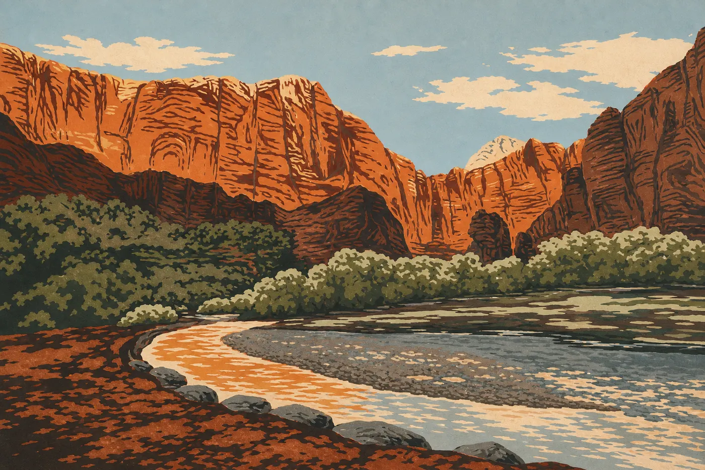 Illustration sérigraphiée : La Virgin River serpente sous les hautes falaises rouges de Zion Canyon vues depuis le fond de vallée.