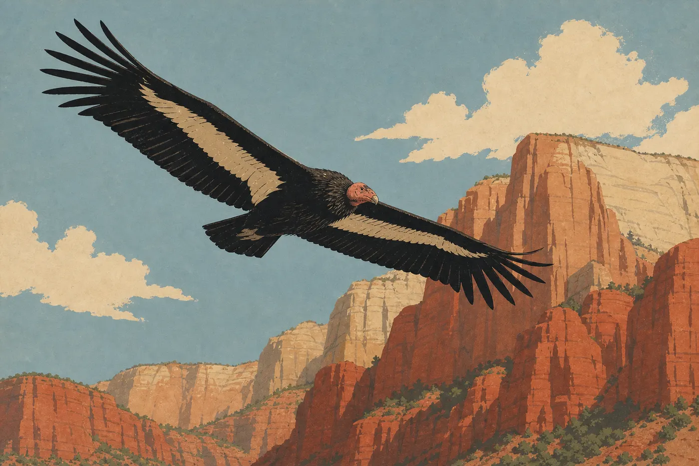 Illustration sérigraphiée : Un condor de Californie plane, ailes largement déployées, devant les falaises lumineuses de Zion Canyon.