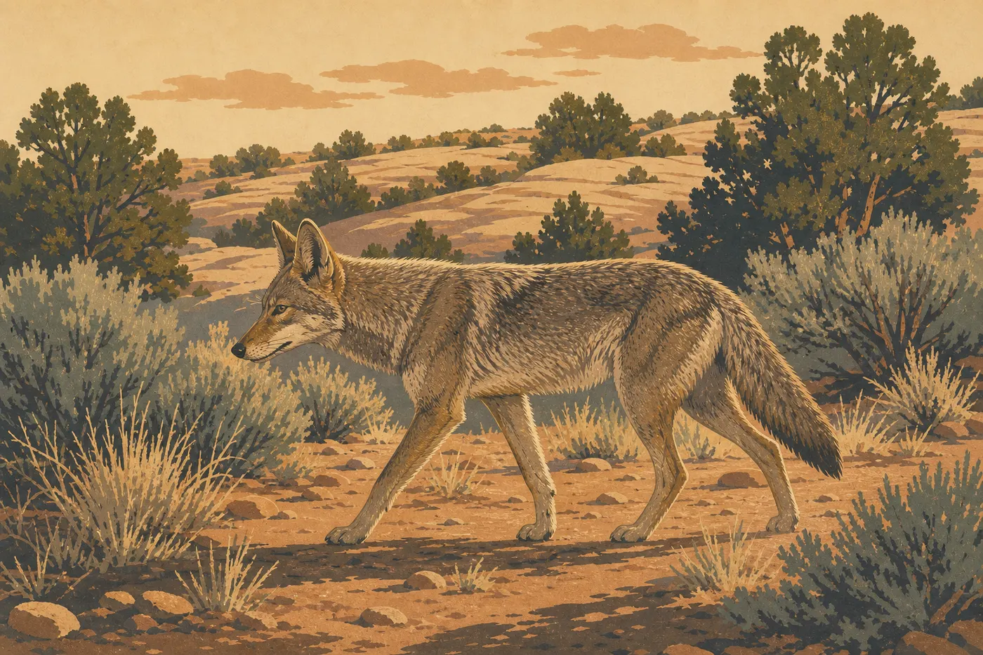 Illustration sérigraphiée : Un coyote traverse prudemment les broussailles désertiques du plateau oriental de Zion au soleil levant.
