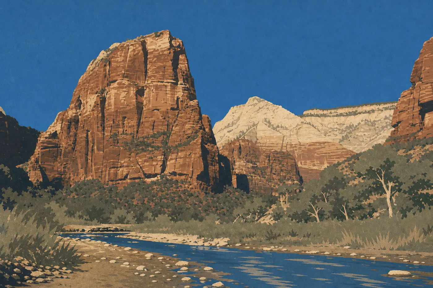 Illustration sérigraphiée : La Virgin River bordée de peupliers verts rafraîchit le fond de Zion Canyon en plein été.