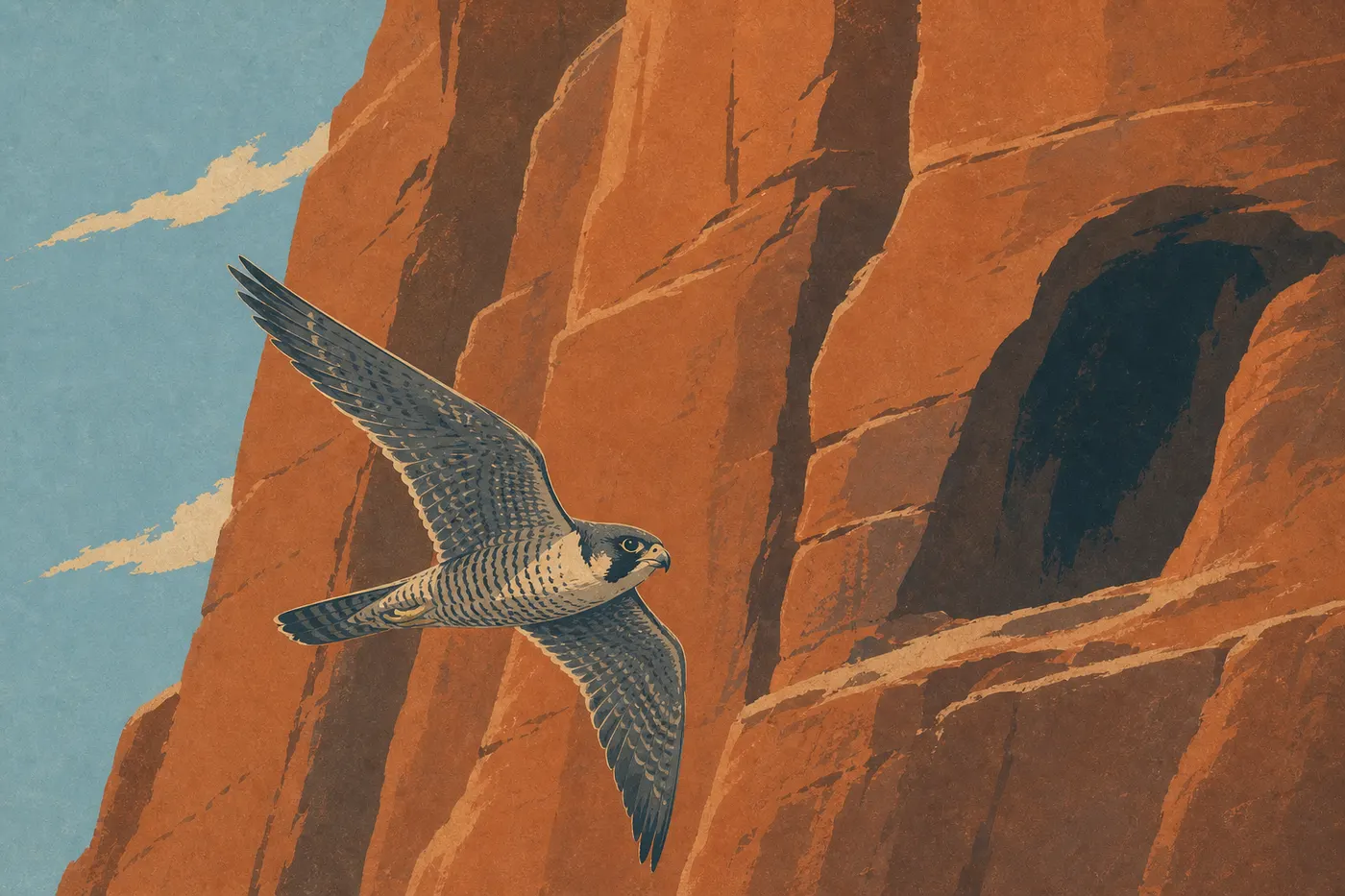 Illustration sérigraphiée : Un faucon pèlerin survole les parois abruptes de Zion, habitat historique de nidification de l’espèce.