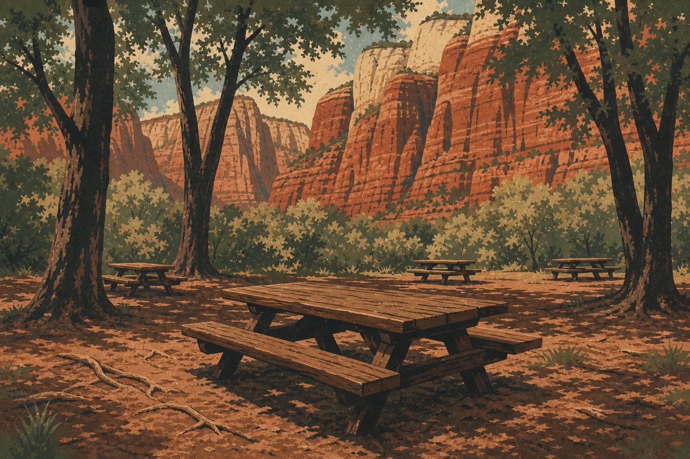 Illustration sérigraphiée : Les tables de The Grotto Picnic Area reposent sous de grands arbres face aux parois du canyon.