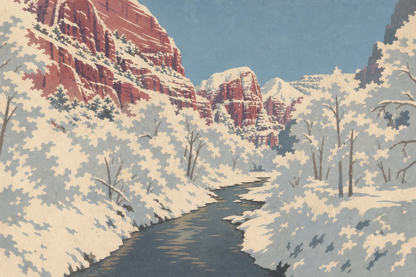 Illustration sérigraphiée : La neige souligne les strates rouges des falaises de Zion Canyon sous une lumière hivernale limpide.
