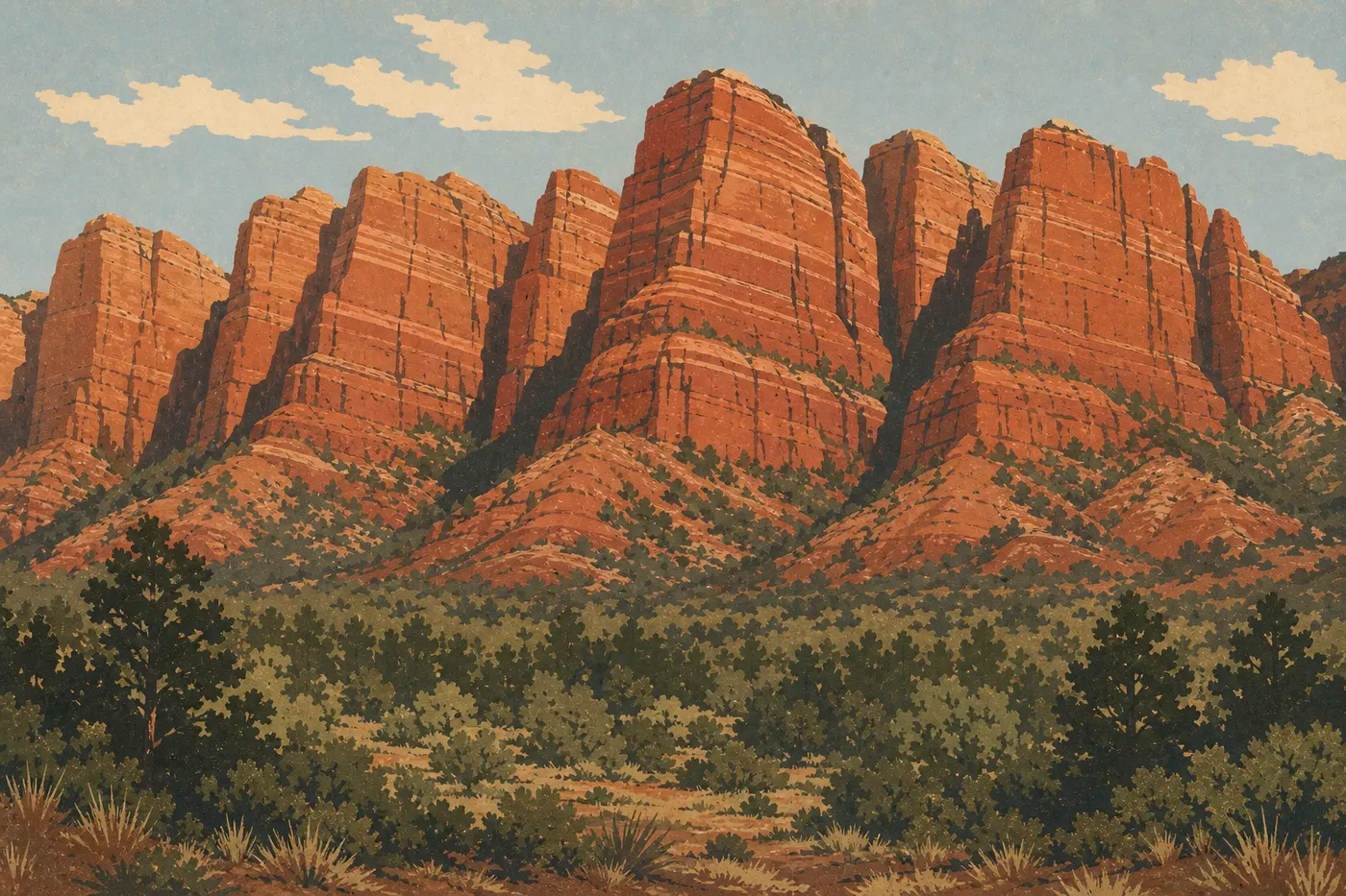 Illustration sérigraphiée : Les doigts de grès rouge de Kolob Canyons se dressent au-dessus d’une vallée couverte de genévriers.