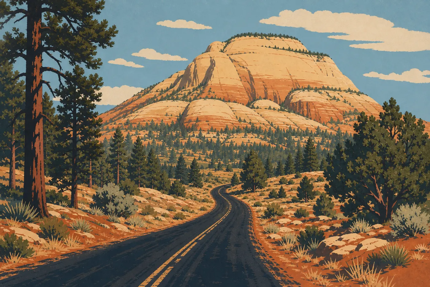 Illustration sérigraphiée : Kolob Terrace Road traverse les plateaux boisés devant les reliefs isolés de North Guardian Angel.