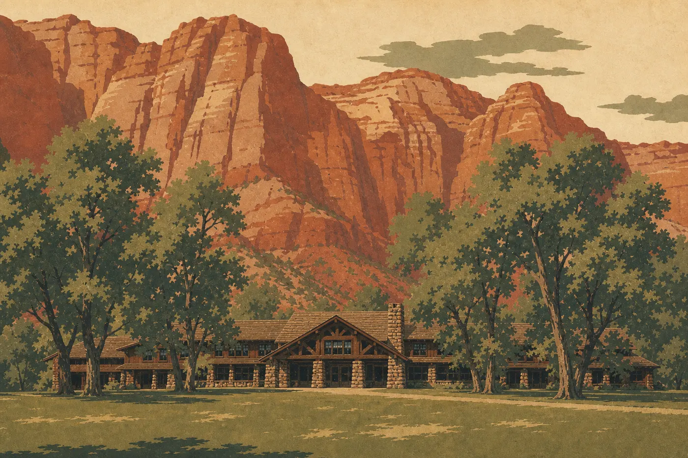 Illustration sérigraphiée : Le bâtiment historique de Zion Lodge apparaît parmi les pelouses et les grands peupliers du canyon.