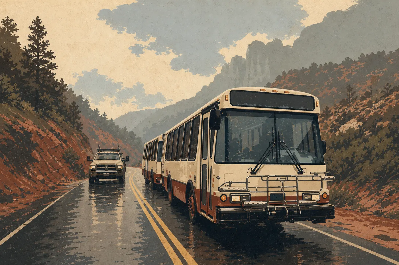 Illustration sérigraphiée : Une navette du parc circule sur Zion Canyon Scenic Drive entre la rivière et les falaises monumentales.