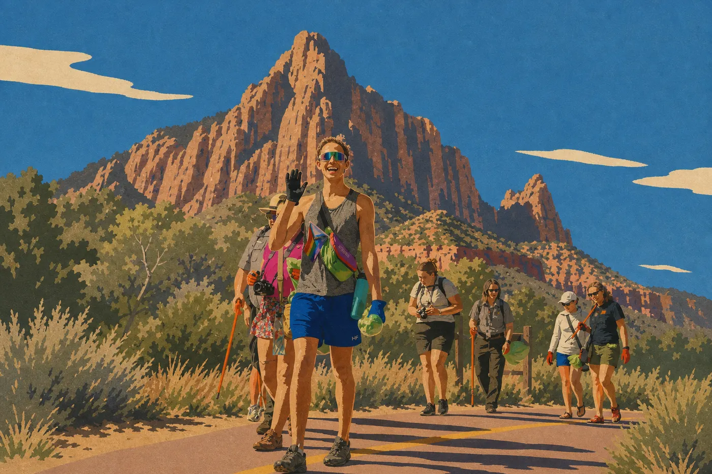 Illustration sérigraphiée : Une famille avance sur le Pa’rus Trail aménagé, avec The Watchman dominant la vallée en arrière-plan.