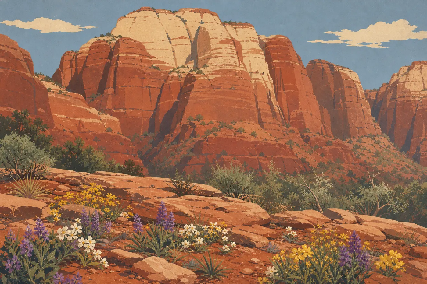 Illustration sérigraphiée : Des fleurs sauvages printanières colorent les terrasses rocheuses devant les falaises rouges de Zion.