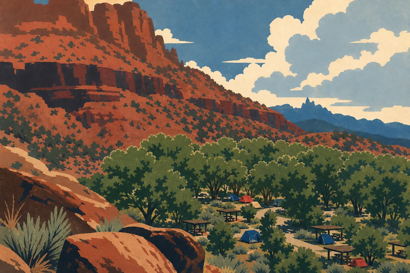 Illustration sérigraphiée : Des tentes occupent Watchman Campground sous les peupliers, avec les falaises rouges dominant le campement.