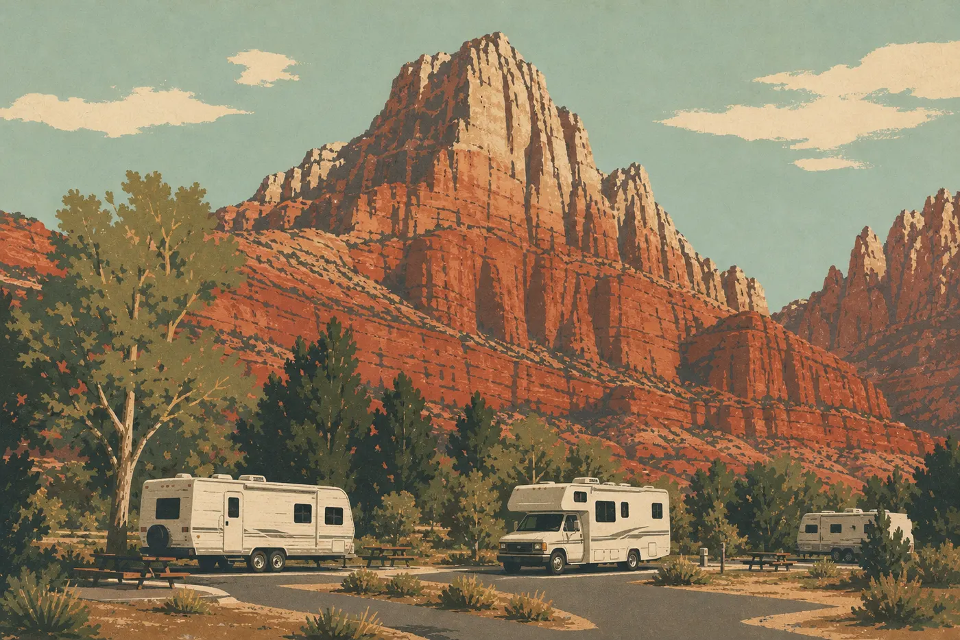 Illustration sérigraphiée : Des camping-cars stationnent sur les emplacements de Watchman Campground au pied des falaises de Zion.